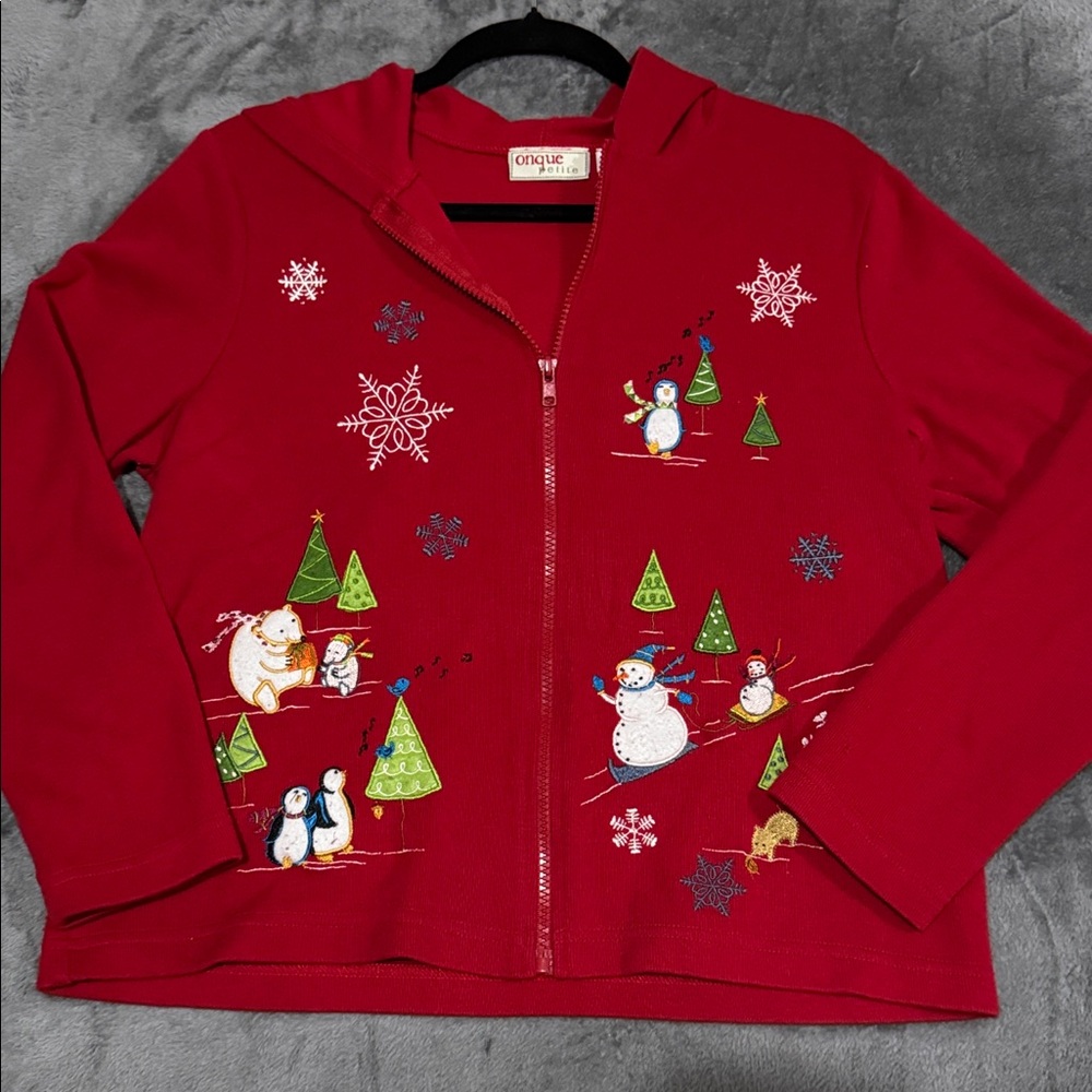 Vintage Onque Petite Red Holiday Zipper Hoodie Women's Size Petite Medium